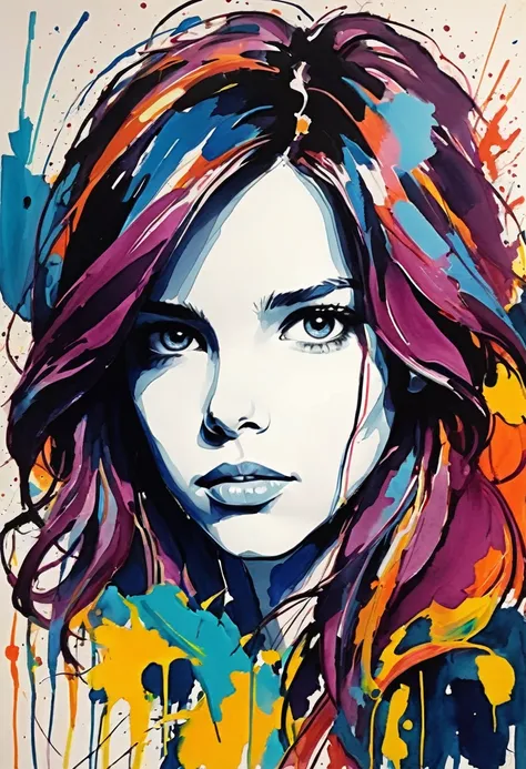 abstract expressionist painting art style ink pen sketch of cute 18 year old (Apollonia:0.7) (Kate Beckinsale:0.6),  extremely detaild, . energetic brushstroke, strong colors, abstract shapes, Expressive, emotional