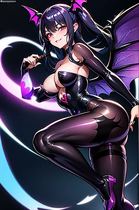 Draw a face carefully　High quality anime style faces　Black Hair　Black full body suit　Purple pantyhose with bat print　Attractions　Laughter　Morrigan Aensland　Rear View