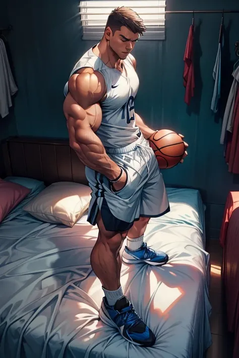 Basketball clothes，Basketball clothes上号码是八号，Nike shorts，White socks，No shoes，Lying on the endless blue bed，The hero leans back and shoots on the bed，Full body portrait，There is a basketball on the bed，Stretch your hands outward，Eyes closed，Dark skin，Dark S...