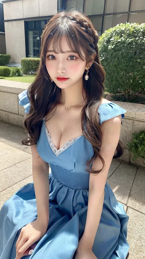 western luxury dress、sitting pose、long skirt、Princess、strong light on hair、blue dress、zoom out、high resolution、thin waist、high tone hair color、korean idol、realistic eyes、beautiful eyelashes、High resolutionの顔、20 years old、best quality, illustration, Super d...