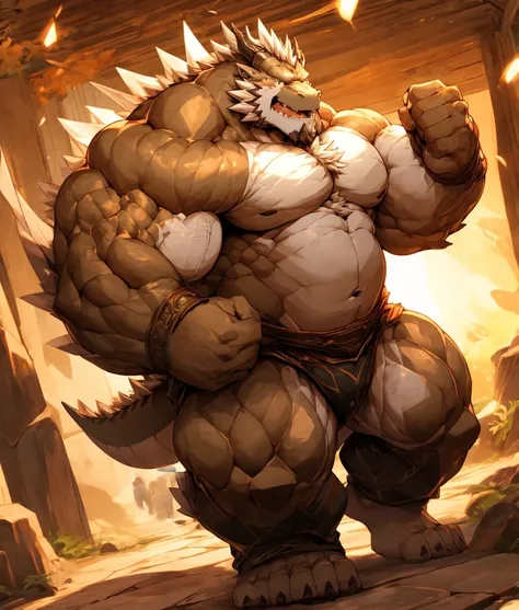 

A white dragon orc，solid physique，muscular，Like a born strong man。His skin looks healthy and fair.，Muscle and fat intertwined，Create unique skin texture，Complete and powerful。

His arms are as strong as iron pillars，Well-defined muscles，Seems to contain ...