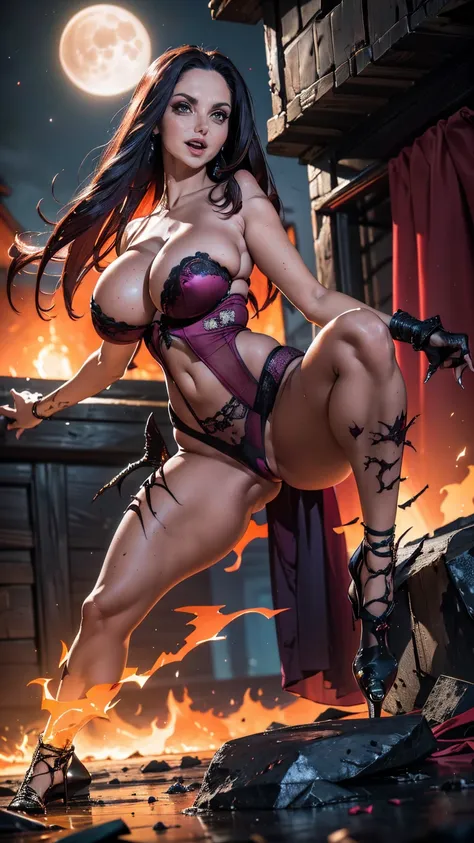 girl, warrior, mndngwmn, AvaAddams, legs spread wide open, evil look, action stance, sexy, sheer see through panties lowleg, claws, fangs, busty, demonic armor, red glowing eyes, combat stance, vibrant appearance, creative behavior, menacing, evil smile, i...