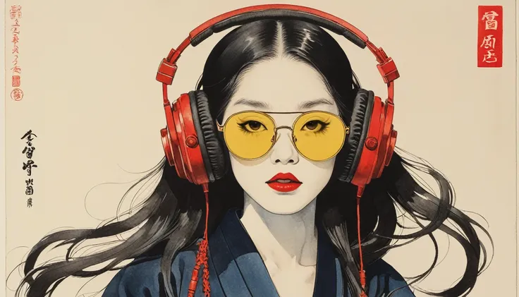 Skeleton, Red lipstick, Long Hair, Sunglasses with pale yellow lenses, Katsushika Hokusai, Ink Painting, Japanese style headphones, dance, Modern ukiyo-e style, Red Eyes