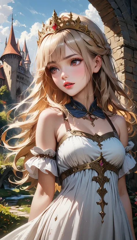 1girl, beautiful detailed eyes, beautiful detailed lips, extremely detailed face, long eyelashes, flowing blonde hair, princess tiara, medieval fantasy dress, majestic castle, magical landscape, sunlight rays, cinematic lighting, vibrant colors, digital pa...