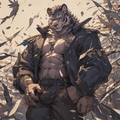 {{bara extremely handsome white tiger,}} {{white fur,}} white, wearing elegant ornate suit jacket, trousers, white dress shirt and necktie, white fluffy furry body and limbs, loafers, very tall, very broad shoulders, narrow waist, muscular arms, massive pe...