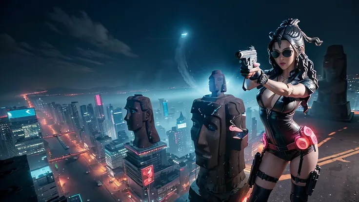 At night, dark sky, aerial view of fantasy cyberpunk style ((Moai-statue)) city, ((flying vehicle)). ((1girl, solo, alone)), photo realistic, medium-breast:1.1 slim body, cleavage, sexy clothes, (black sunglasses), (((hip-up standing and pistol aiming pose...