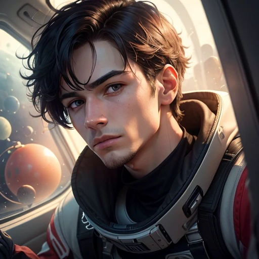 ((Best picture quality)), ((Masterpiece)), (Details), Male in his 20s, goofy, straight nose, strange space (score_9, score_8_up, score_7_up, score_6_up, score_5_up, score_4_up, high resolution, 4 K)