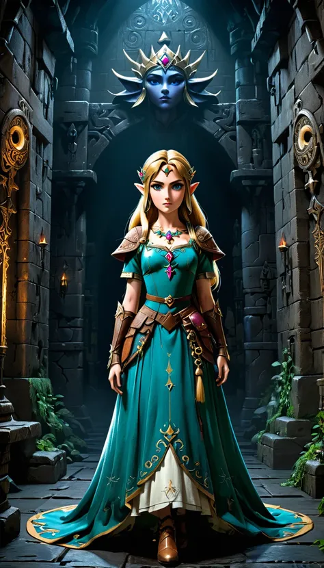 a beautiful detailed princess zelda from the legend of zelda video game series, wearing a detailed and fashionable dress, standing in a dark and ominous dungeon setting, inspired by the art styles of ian mckee, chen taimi, and jean-baptiste monge, (best qu...