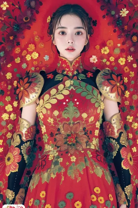 woman, flower dress, colorful, epic background,flower armor,red theme,