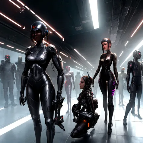 A woman wearing a helmet stands in front of a group of mannequins, Jim Burns (Jim Burns) cyberpunk art, CG Society, Retro-futurism, Daz 3D, PS1 Graphics, Dystopian Art