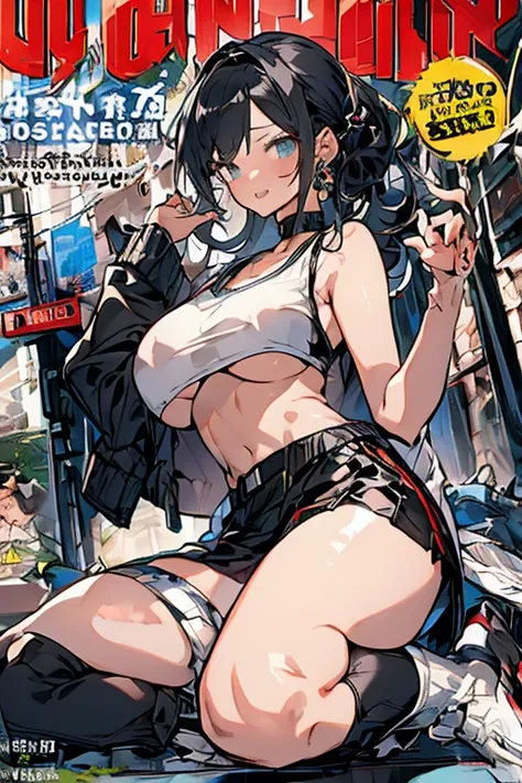 (masterpiece:1.2), (Military uniform magazine cover:1.4),best quality,PIXIV,Sweet girl , sexy posture,1girl, (perky chest:1.2), rolling upskirt by wind:1.6, (with sparkling eyes and a contagious smile),open mouth, (pointed chest:1.2),fishnets, black hair, ...