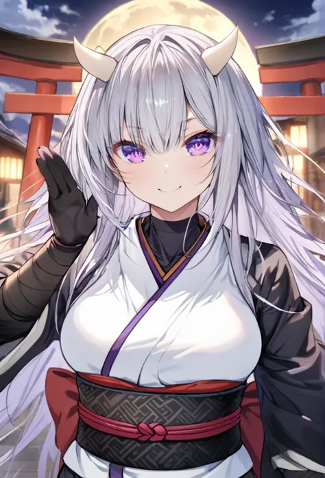 Long silver hair, Smile

, black ninja, full moon, purple eyes, white horns , German Salute Torii