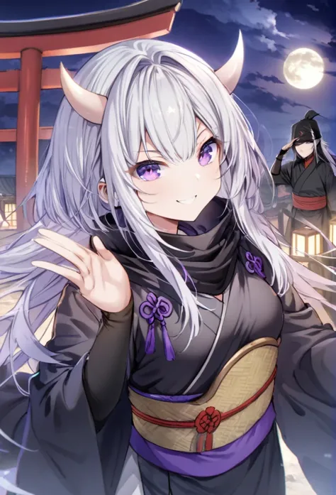 Long silver hair, Smile

, black ninja, full moon, purple eyes, white horns , German Salute Torii