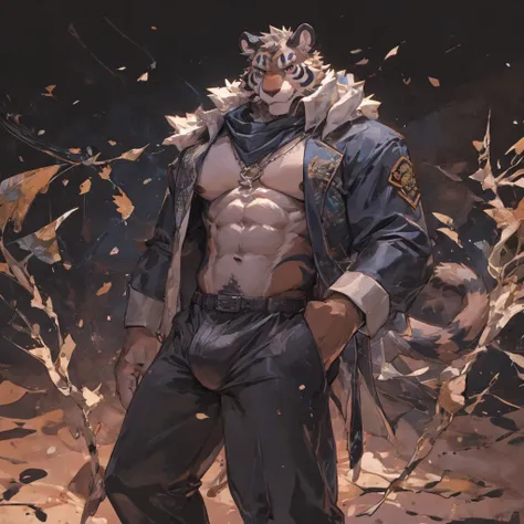 {{bara extremely handsome white tiger,}} {{white fur,}} white, wearing elegant ornate suit jacket, trousers, white dress shirt and necktie, white fluffy furry body and limbs, loafers, very tall, very broad shoulders, narrow waist, muscular arms, massive pe...