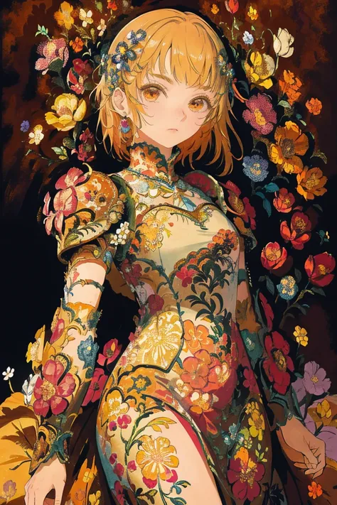 woman, flower dress, colorful, epic background,flower armor, brown theme,