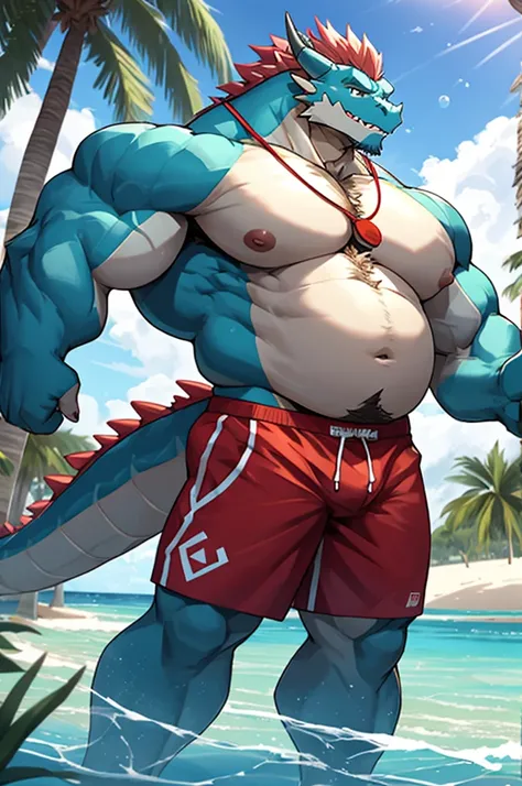 Big buff embarrassed blue cartoon dragon with a humongous ginormously over inflated beige stomach, high blue, white eyes with black pupils, big oversized bellybutton, light blue back, lifeguard tank top overhanging on top of his huge stomach, green necklac...