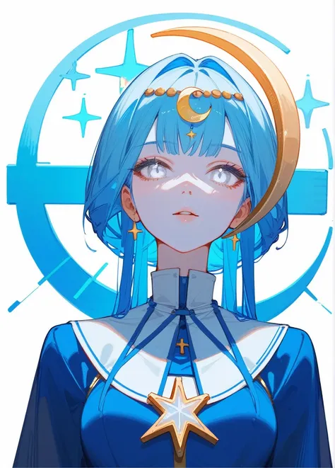 (Fraction_9,Fraction_8_Direction_7_up),1 Woman，（（whole body）），Moon Goddess，Ball head，Blessing of Elune，There is a crescent moon behind，High Priest，Blue Hair，White eyes，light blue colored skin，There is a six-pointed star on the clothes，