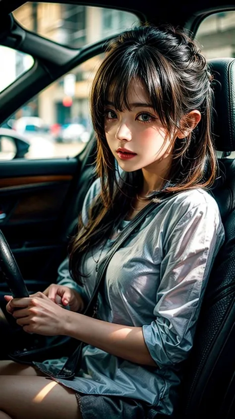 A girl driving a car while using a smartphone