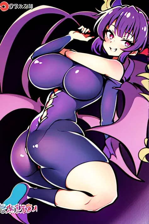 Draw a face carefully　High quality anime style faces　Black Hair　Black full body suit　Purple pantyhose with bat print　Attractions　Laughter　Morrigan Aensland　Rear View