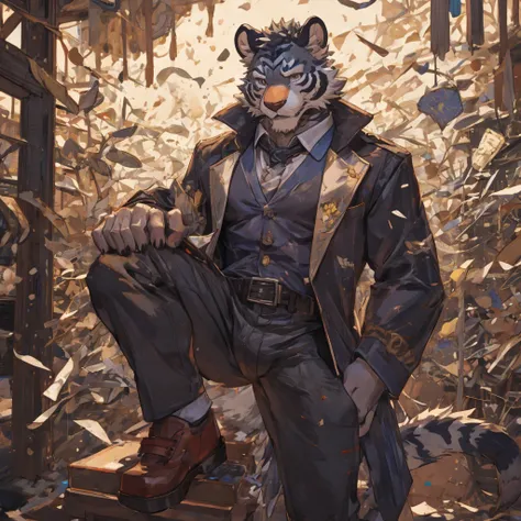 {{bara extremely handsome white tiger,}} {{white fur,}} white, wearing elegant ornate suit jacket, trousers, white dress shirt and necktie, white fluffy furry body and limbs, loafers, very tall, very broad shoulders, narrow waist, muscular arms, massive pe...