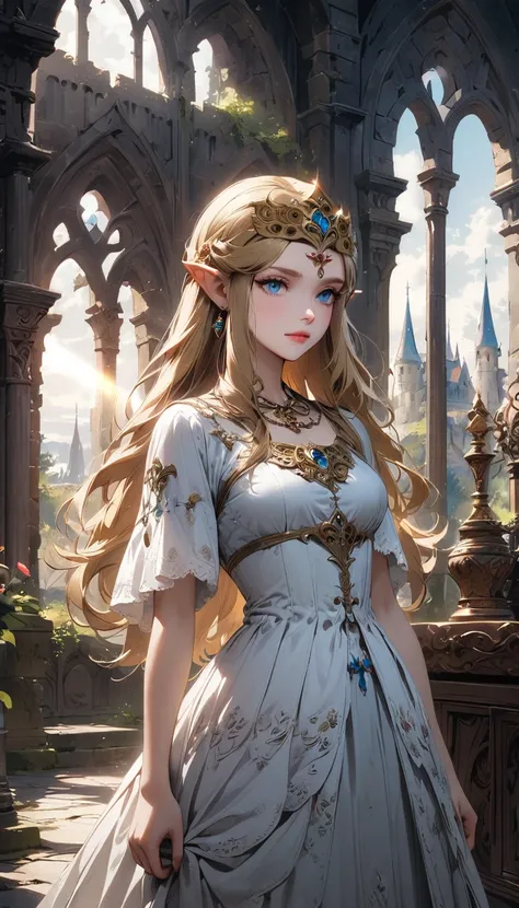 1girl, princess zelda, the legend of zelda, video game character, highly detailed, beautiful face, elegant dress, long blonde hair, blue eyes, detailed jewelry, crown, fantasy medieval setting, castle interior, ornate architecture, sunlight streaming throu...