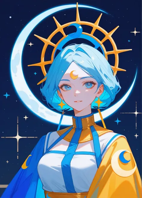 (Fraction_9,Fraction_8_Direction_7_up),1 Woman，（（whole body）），Moon Goddess，Ball head，Blessing of Elune，There is a crescent moon behind，High Priest，Blue Hair，White眼睛，light blue colored skin，There is a six-pointed star on the clothes，White，Metal pattern at w...