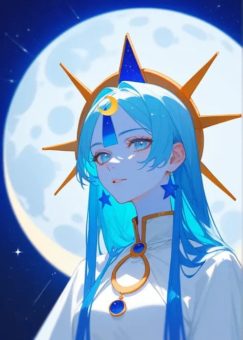 (Fraction_9,Fraction_8_Direction_7_up),1 Woman，（（whole body）），Moon Goddess，Ball head，Blessing of Elune，There is a crescent moon behind，High Priest，Blue Hair，White眼睛，light blue colored skin，There is a six-pointed star on the clothes，White，Metal pattern at w...