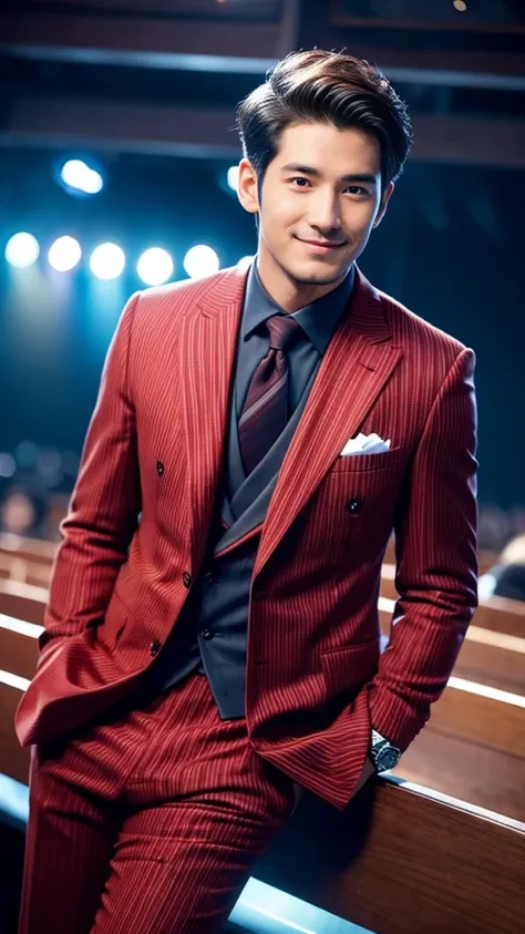 Crimson striped suit、　Handsome 30 year old scientist、The hair is in order..No short beard.no beard.　（A handsome young man in an S-Class suit.）、　Japanese male, 30 years old、　merchant、　Luxury dress、　office、　stand up in suitＳHandsome young man、　full body imag...