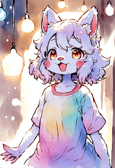 Female gender,furry, random color skin, ultra cute face, elements in the skin, shiny t-shirt, Beautiful lights and shadows, ambient light, Ultra detailed skin, volumetric light,in watercolor style, illustration,cheered up