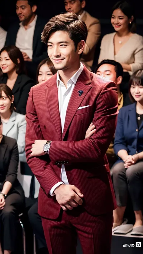 Crimson striped suit、　Handsome 30 year old scientist、The hair is in order..No short beard.no beard.　（A handsome young man in an S-Class suit.）、　Japanese male, 30 years old、　merchant、　Luxury dress、　office、　stand up in suitＳHandsome young man、　full body imag...