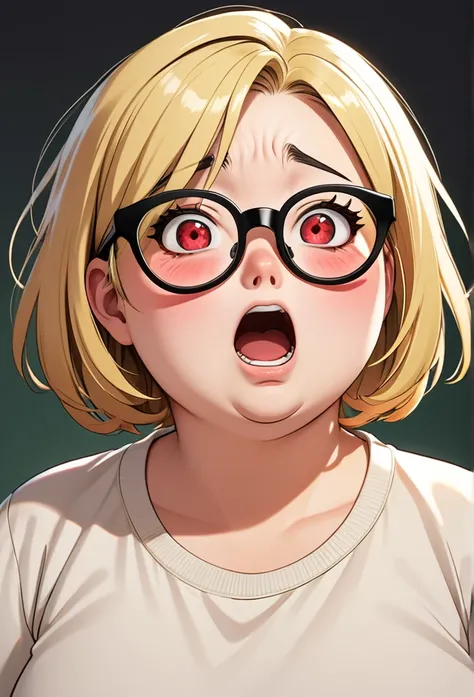 chubby girl, blonde, green eyes, medium length hair, black square-rimmed glasses, open forehead, no bangs
red face, embarrassment, fright 