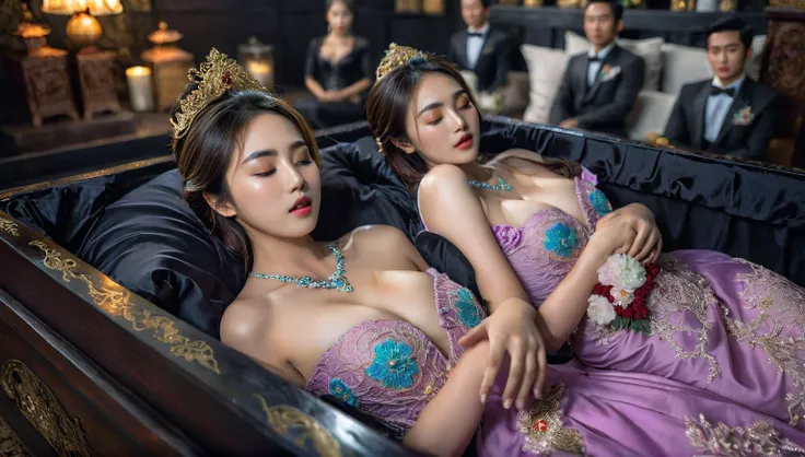 In a striking 8K HDR scene, a stunning Korean woman, 22 years old, lies peacefully in a black coffin surrounded by plush pillows. The deep box is set against a rich black background, accentuating the beauty of the subject. Her exquisite kebaya attire is em...