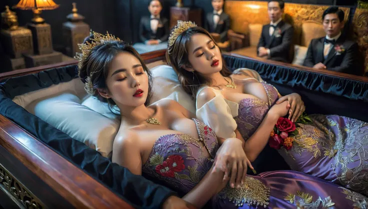 In a striking 8K HDR scene, a stunning Korean woman, 22 years old, lies peacefully in a black coffin surrounded by plush pillows. The deep box is set against a rich black background, accentuating the beauty of the subject. Her exquisite kebaya attire is em...