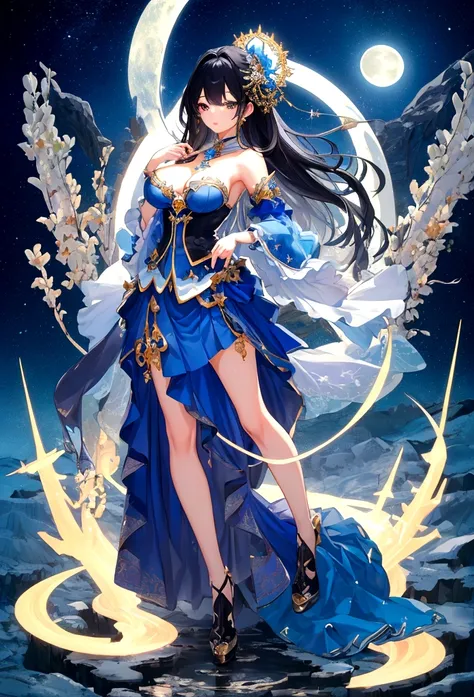 (masterpiece)、(best quality)、(Very detailed)、(Best Anatomy)Blue skirt girl、 Black hair、 Shoulders exposed、Beautiful breasts、Dreamy starry sky，Dreamy bright full moon，Full body picture 3D，Front view