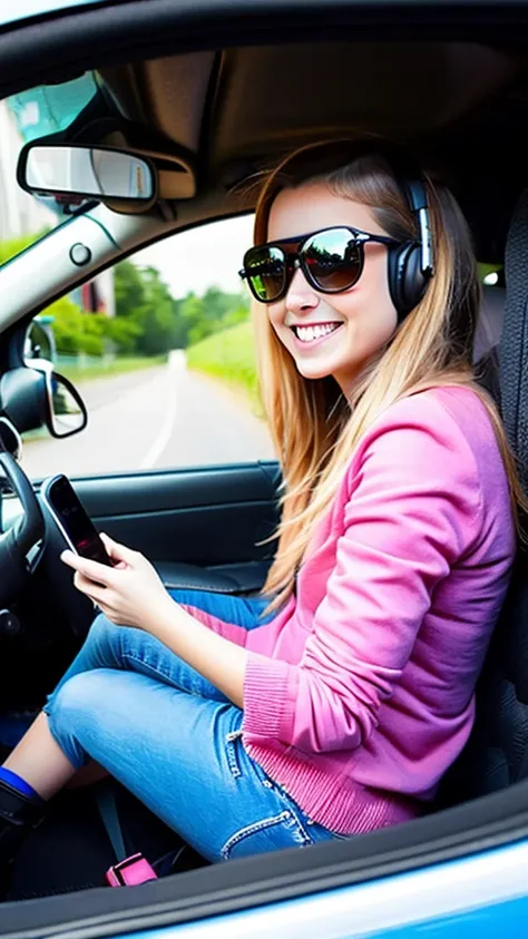 A girl driving a car while using a smartphone