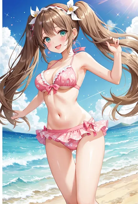 1 beautiful girl wearing a sexy bikini, anime girl, pink bikini with white flowers patterns, running on the beach, playing with water, blue sky with white cloud, turquoise blue sea, white sands, coconut palm trees, big round breasts, slim waist, beautiful ...