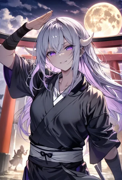 Long silver hair, Dark Smile

, black ninja, full moon, purple eyes, white horns ,Salute Torii