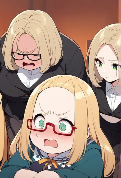 chubby girl, blonde, green eyes, medium length hair, black square-rimmed glasses, open forehead, no bangs
red face, embarrassment, fright 