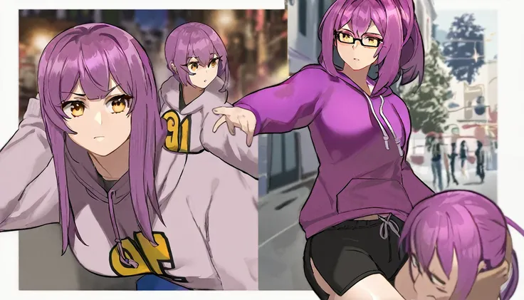 score_9, score_8_up, score_7_up, score_6_up, score_5_up, score_4_up, BREAK source_anime,rating_risky, a girl, thin, pale skin, skinny, tired expression, low ponytail, purple hair, yellow eyes, eye bags, tired expression, purple hoodie,, black shorts, tight...