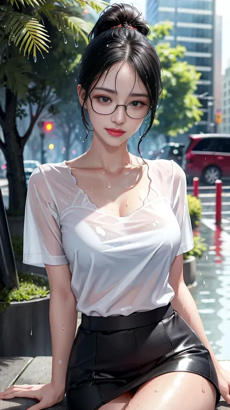 ((best quality, 8K, masterpiece: 1.3))high quality, Very detailed, Crazy Details, 4K quality (Digital art like a movie: 1.3), high quality, ,upper body,Thick black-rimmed glasses,Black Hair, black eye,sharp focus: 1.2, beautiful woman: 1.4, ((ponytail: 1.2...