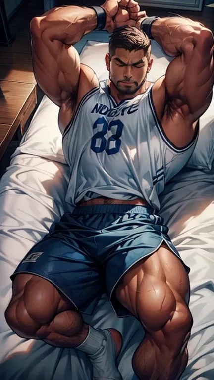 Basketball clothes，Basketball clothes上号码是八号，Nike shorts，White socks，No shoes，Lying on the endless blue bed，The hero leans back and shoots on the bed，Full body portrait，There is a basketball on the bed，Stretch your hands outward，Eyes closed，Dark skin，Dark S...