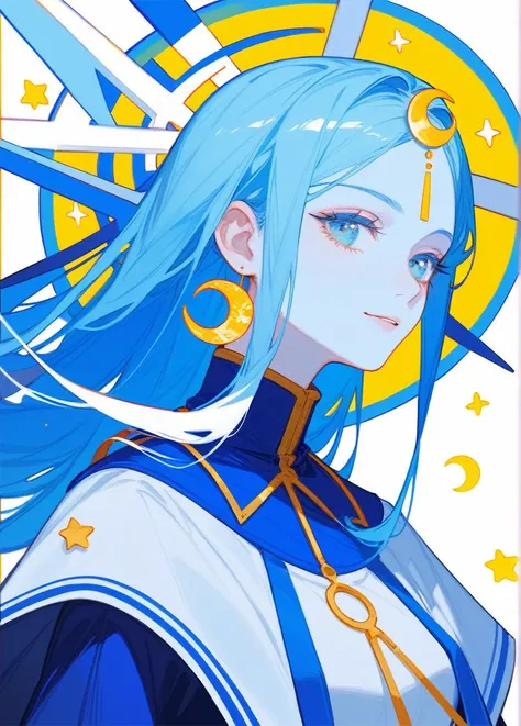 (Fraction_9,Fraction_8_Direction_7_up),1 Woman，（（whole body）），Moon Goddess，Ball head，Blessing of Elune，There is a crescent moon behind，High Priest，Blue Hair，White眼睛，light blue colored skin，There is a six-pointed star on the clothes，White，Metal pattern at w...