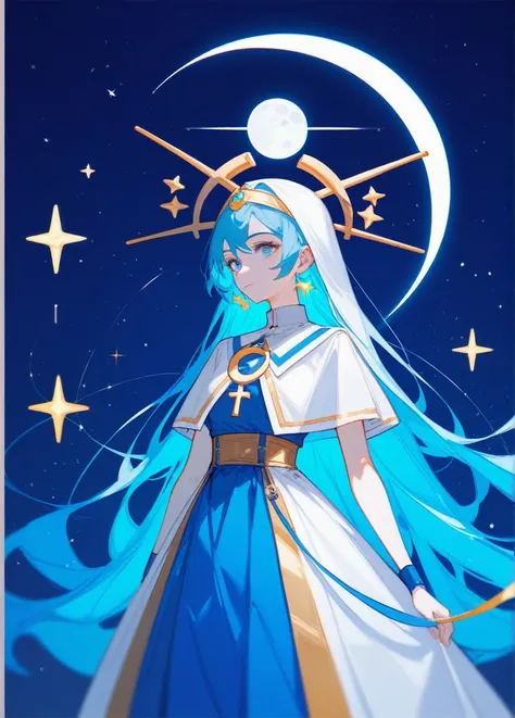 (Fraction_9,Fraction_8_Direction_7_up),1 Woman，（（whole body）），Moon Goddess，Ball head，Blessing of Elune，There is a crescent moon behind，High Priest，Blue Hair，White眼睛，light blue colored skin，There is a six-pointed star on the clothes，White，Metal pattern at w...