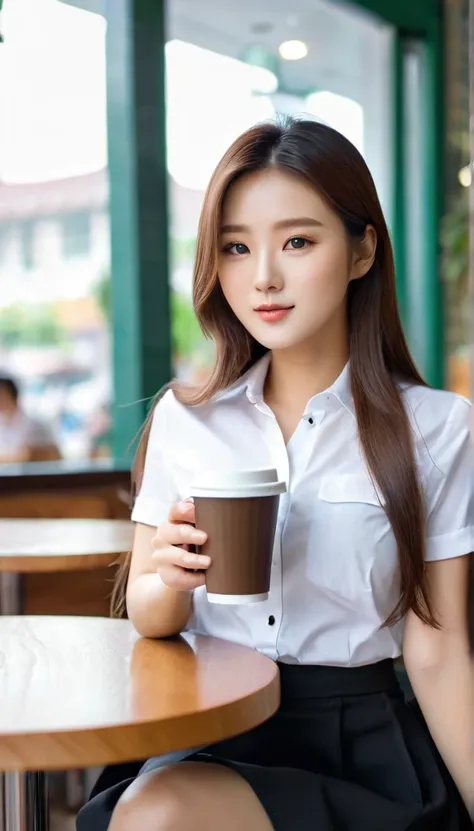 Close-up shot of beautiful korean female, 36 inch breasts size, straight long hair, wearing white short sleeve shirt, black skirt with bottons, black skirt,  holding coffee mug, sitting in university s cafe, uhd