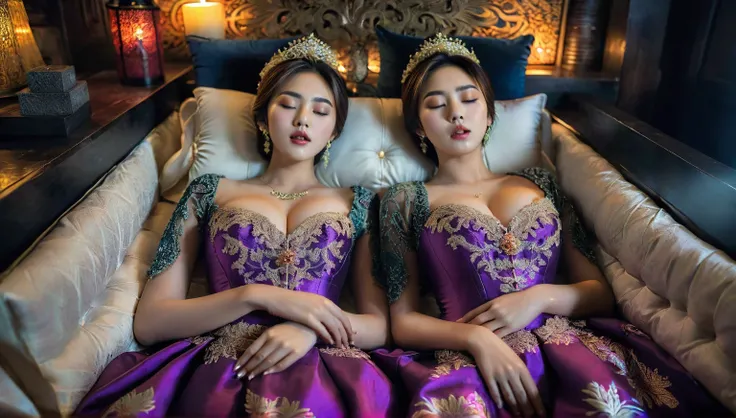 In a striking 8K HDR scene, a stunning Korean woman, 22 years old, lies peacefully in a black coffin surrounded by plush pillows. The deep box is set against a rich black background, accentuating the beauty of the subject. Her exquisite kebaya attire is em...