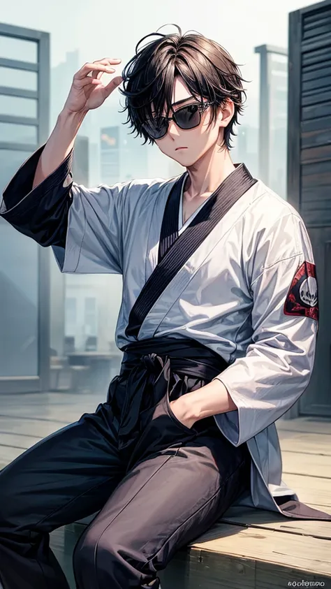 (One boy,Gojo Satoru,JUJUTSU KAİSEN),black round lens sunglasses,artwork