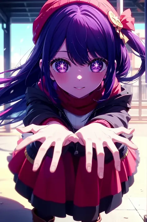 aihoshino, Ai Hoshino, Long Hair, bangs, (Purple eyes:1.1), Purple Hair, (Symbol-shaped pupil:1.5), smile,smile,blush,Open your mouth,Knitted hat,Black-rimmed glasses,Purple long coat,V-neck sweater,Long skirt,Black pantyhose,short boots,Red muffler,It&#39...