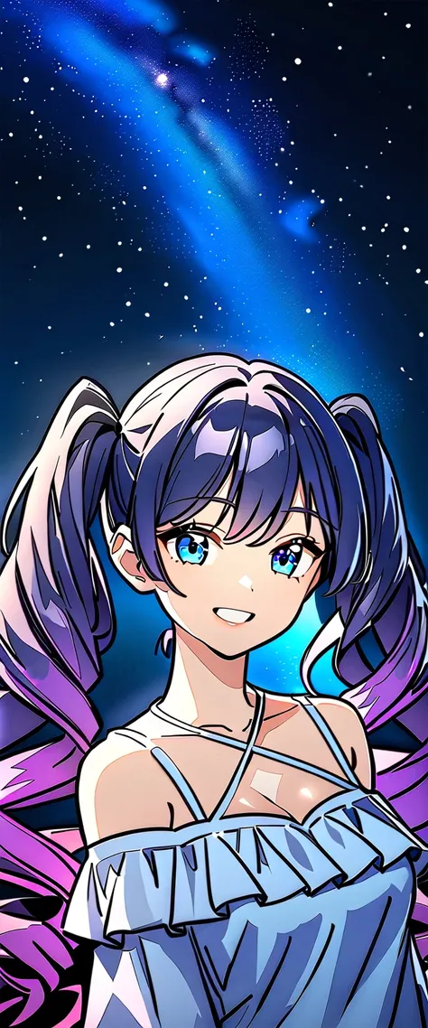 ((grin)), Eyeshadow, False eyelashes, ((off-shoulder dress:1.3, criss-cross halter)), ((white sundress)), ((cleavage)), ((twin tails hair, spiral curl hair, gradient hair, hair extensions, streak)), ((sunglasses, hand to sunglasses)), (((from side))), ((((...