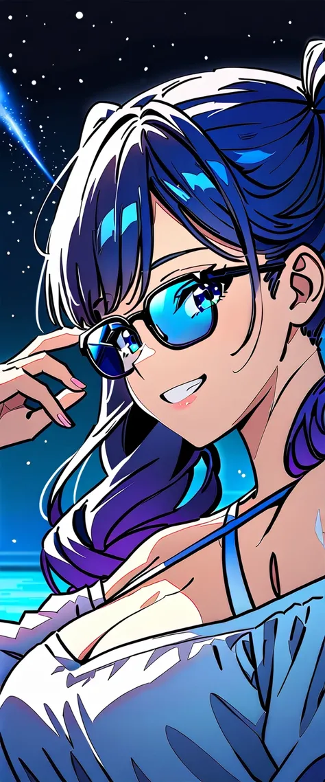 ((grin)), Eyeshadow, False eyelashes, ((off-shoulder dress:1.3, criss-cross halter)), ((white sundress)), ((cleavage)), ((twin tails hair, spiral curl hair, gradient hair, hair extensions, streak)), ((sunglasses, hand to sunglasses)), (((from side))), ((((...