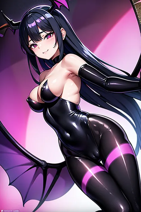 Draw a face carefully　High quality anime style faces　Black Hair　Black full body suit　Purple pantyhose with bat print　Attractions　Laughter　Morrigan Aensland　Rear View